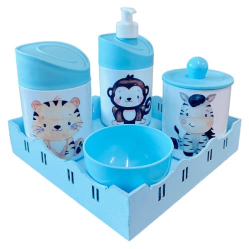 Kit Higiene Bebê (Macaco, zebra, tigre) c/Bandeja Quadrada Azul