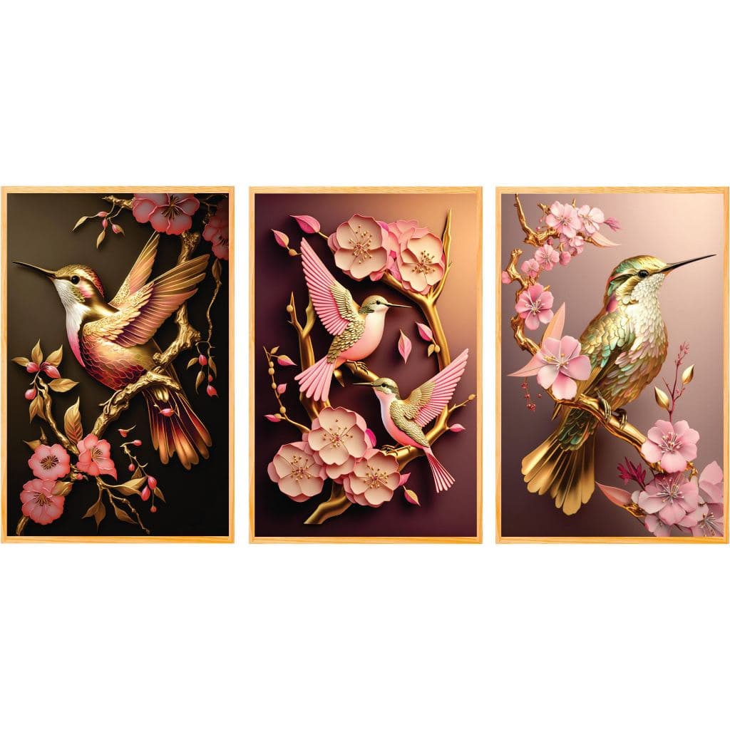 Quadro decorativo para salas e quarto beija-flor e cerejeira 3 peças (BEIJA FLOR MARROM)