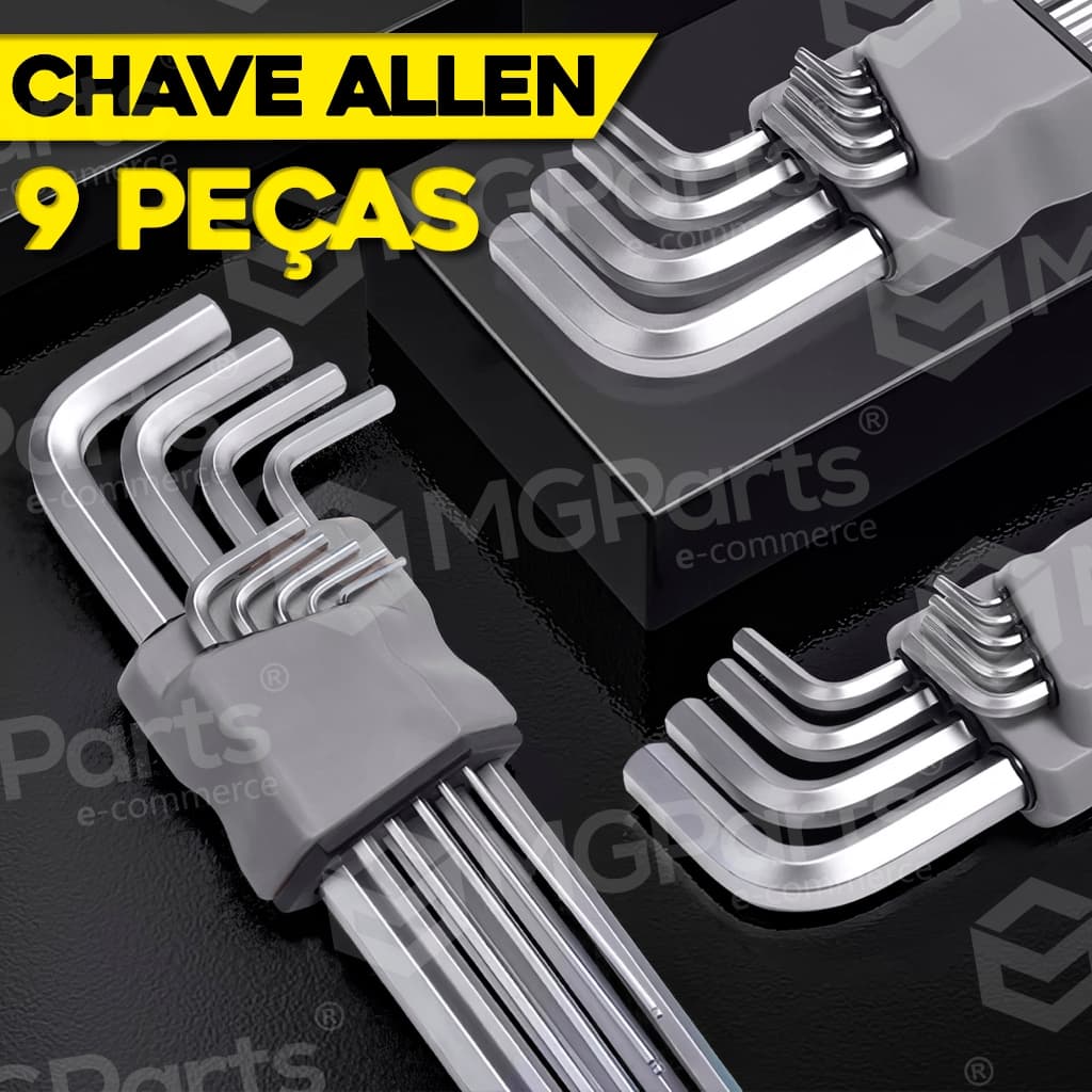 Jogo de Chave Allen 9 Peças Hexagonal Profissional em L Aço Cromo Vanádio Reforçada Kit Chave Alen