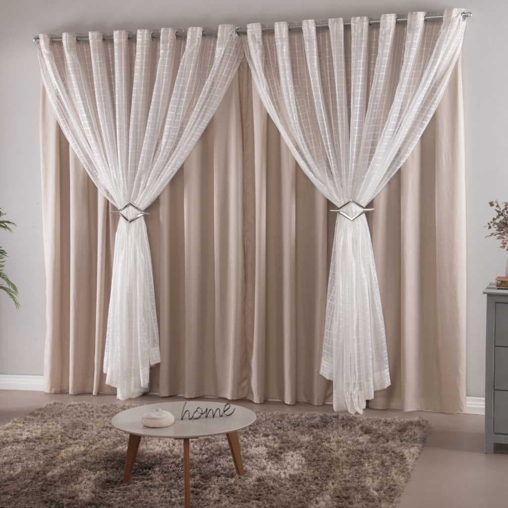 Cortina Microfibra Com Voil Xadrez 6.00x2.80 Para Varão Sala Quarto