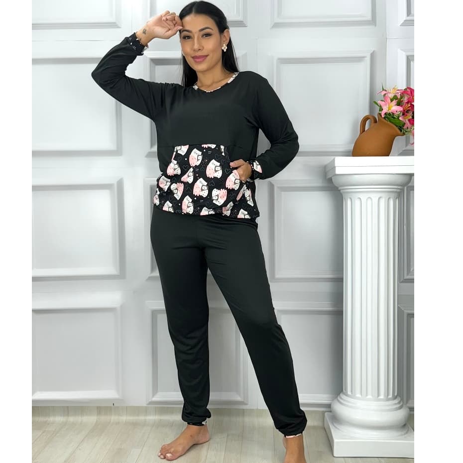 Pijama Suede Feminino Longo Inverno com bolso Linha Noite Pijama Frio Calça e Blusa manga longa bolsinho