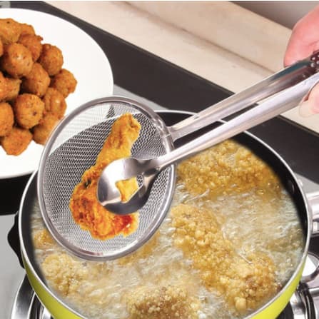 Escumadeira Para Fritura C/pegador Em Inox C/Pinça E Peneira
