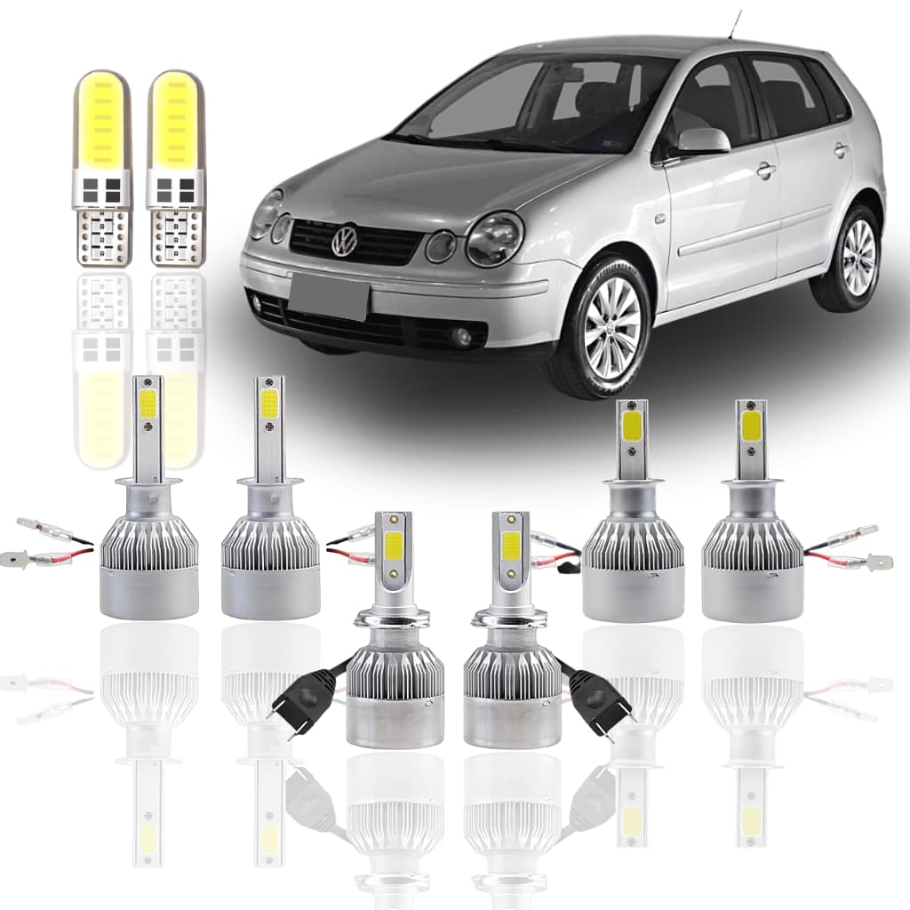 KIT (Faról: Baixo/ Alto/ Milha+ Farolete) Volkswagen Polo 2003 2004 2005 2006  Lâmpada Super Led Branca Ultra Led Xenon contém: H1-  H7- H3 - T10 Super led ultra led 9600k Forte c6 Neblina Alto Baixo Milha Xenênon Farois