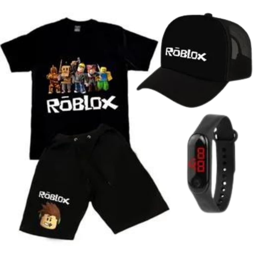 CONJUNTO INFANTIL ROBLOX CAMISA+BERMUDA+BONE E RELOGIO