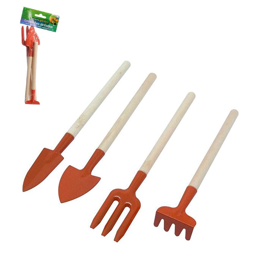 Kit Para Jardim Com Pá Larga / Estreita / Garfo E Ancinho / Rastelo Cabo Madeira