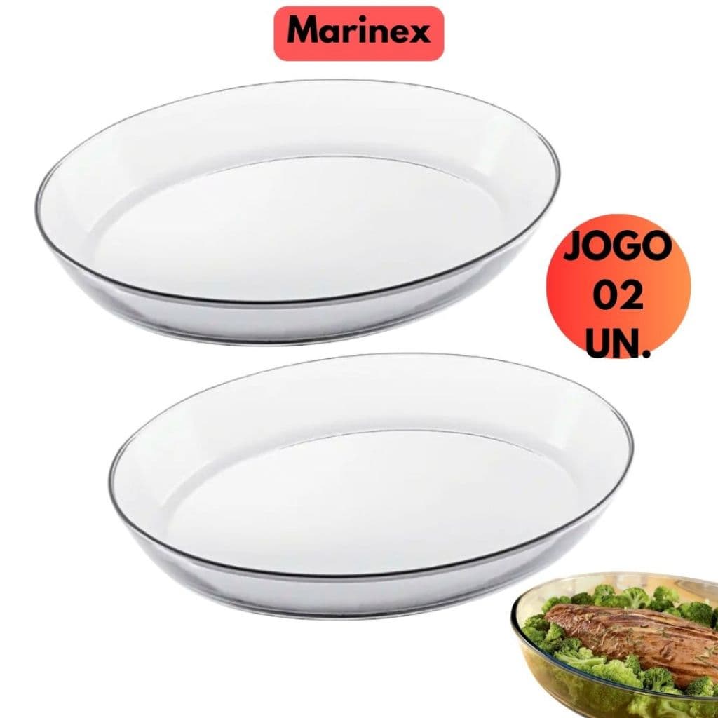 Kit 02 Assadeira Marinex Vidro Oval 1,6L Refratario Lasanheira Cumbuca Resistente Forno Jogo Conjunto Jantar Almoço Sobremesa Pave