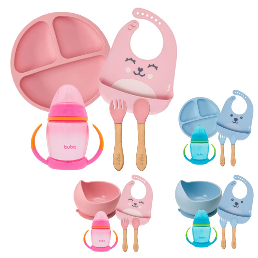 Kit Introdução Alimentar Buba Prato em Silicone Prato Bowl Babador Copo com Alça Talheres Silicone e Bambu