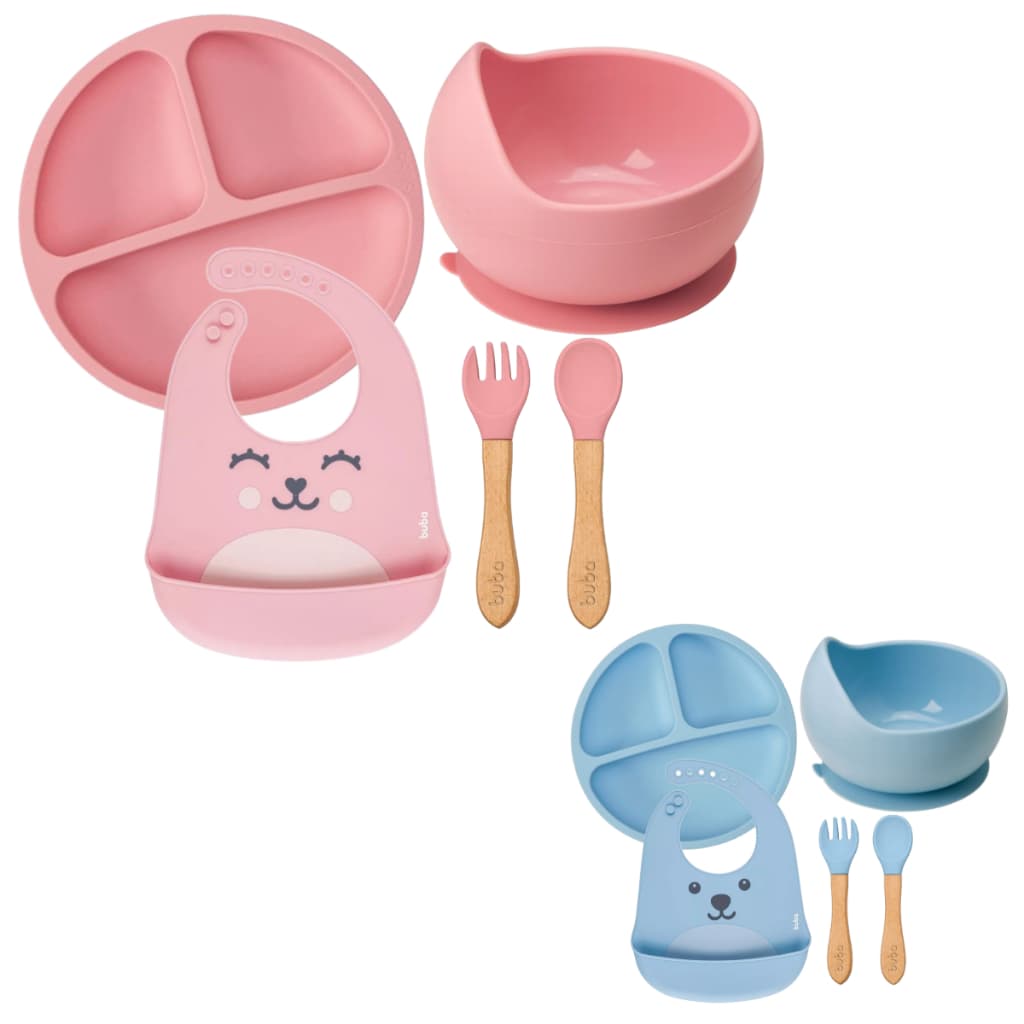 Kit Introdução Alimentar Buba Prato Silicone Ventosas Prato Bowl Silicone Babador Talheres Colher Garfo Silicone e Bambu