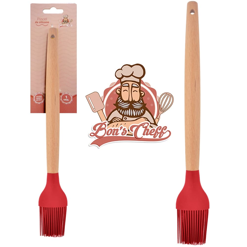 PINCEL CULINARIO DE SILICONE VERMELHO CABO MADEIRA BONS CHEFF 27X3,5CM NA CARTELA
