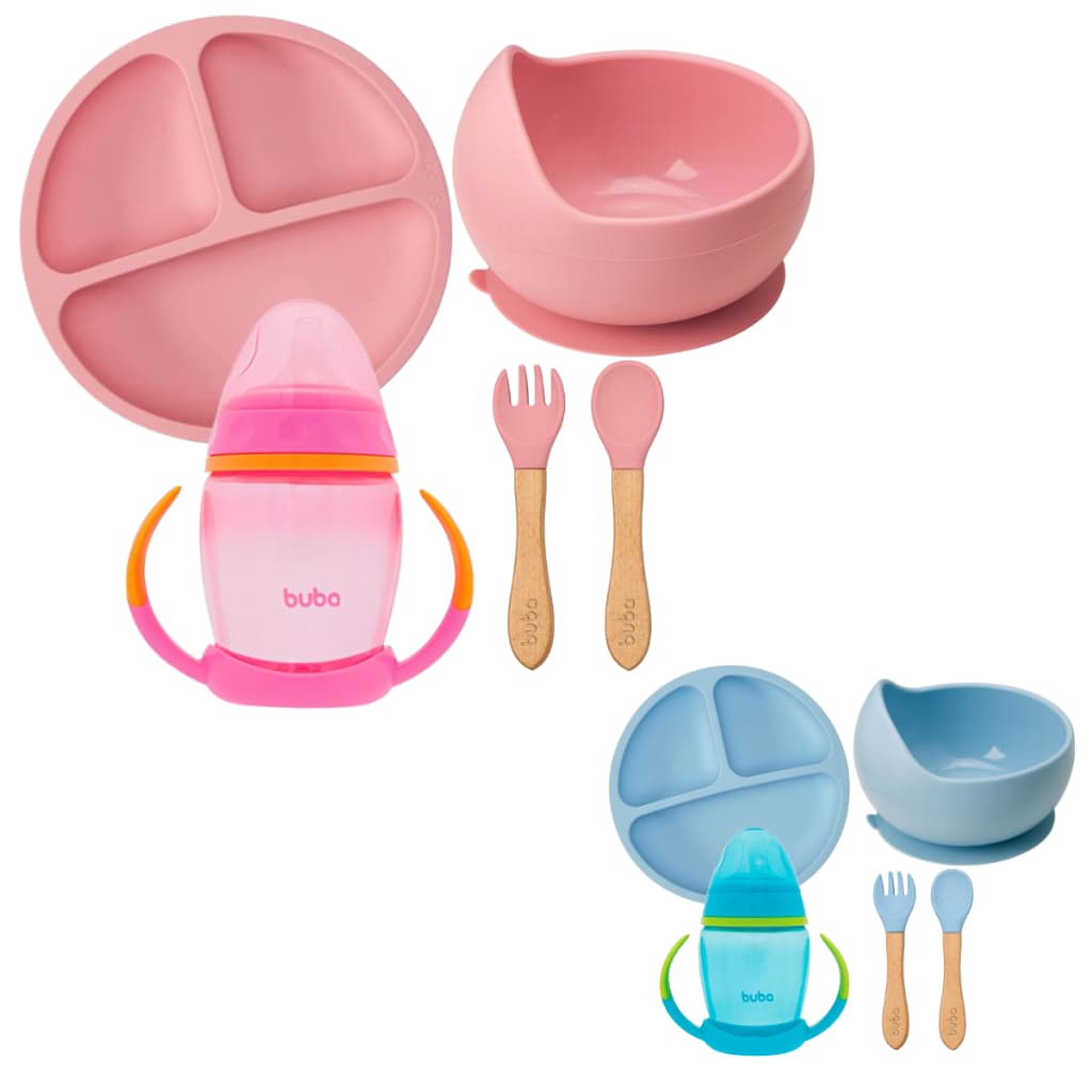 Kit Introdução Alimentar Buba Prato em Silicone com Divisórias e Ventosas Prato Bowl em Silicone com Ventosa Copo com Alça e Bico em Silicone Talheres Colher Garfo Silicone e Bambu