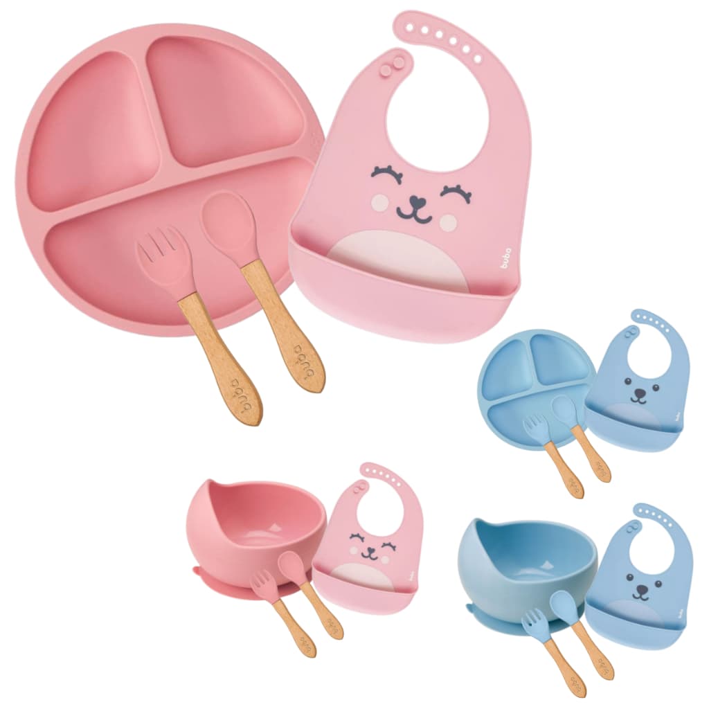 Kit Introdução Alimentar Buba Prato em Silicone Divisórias e Ventosas Prato Bowl Babador Colher Garfo Silicone e Bambu