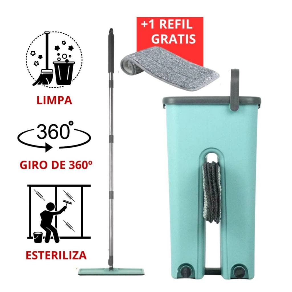 Flat Mop 2 Refis Esfregão Com Balde Rodo Mágico Lava Seca Tira Pó Casa limpeza