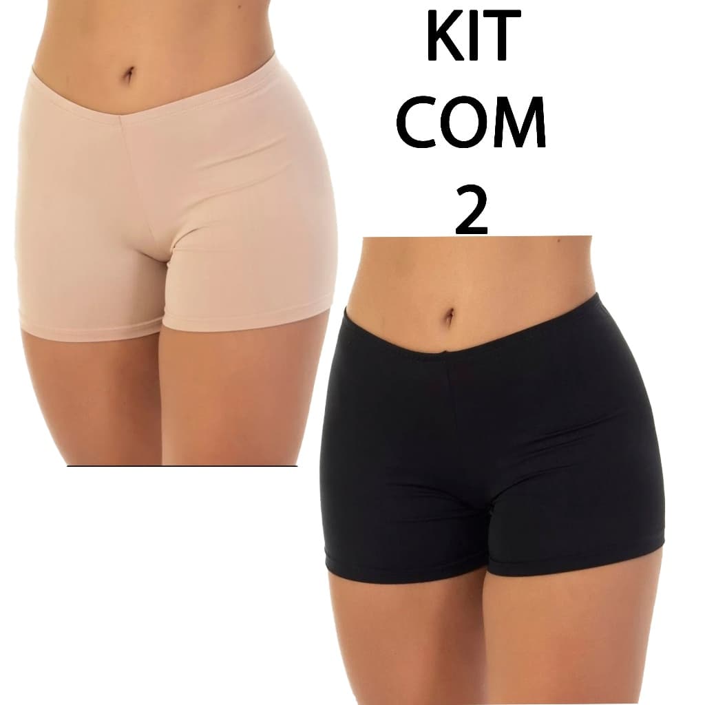 Kit com 2 Short Anágua Liso Segunda Pele Feminino Poliamida Cintura Elástico Largo sem Renda