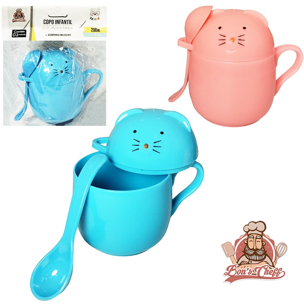 Copo Fofinho Infantil Bebe Com Tampa Alça E Colher Resistente Caneca Plástico