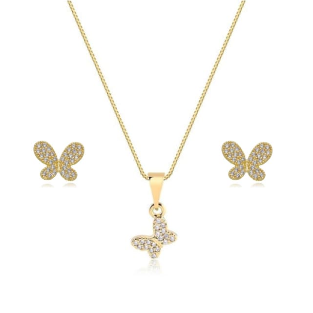 Conjunto Brinco e Corrente Borboleta Zircônia Cravejada Semijoia Ouro 18k