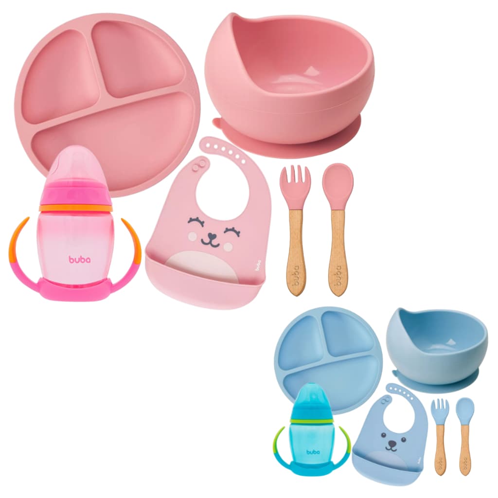 Kit Introdução Alimentar Buba Prato em Silicone com Divisórias e Ventosas Prato Bowl em Silicone com Ventosa Babador em Silicone Copo com Alça e Bico em Silicone Talheres Colher Garfo Silicone e Bambu