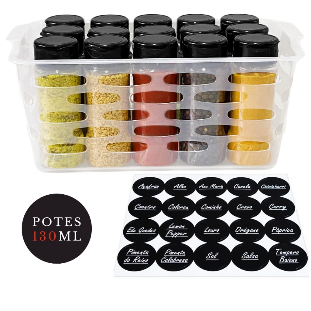 15 Potes De Plástico Para Condimentos Temperos + Etiquetas + Cesto Versátil Transparente