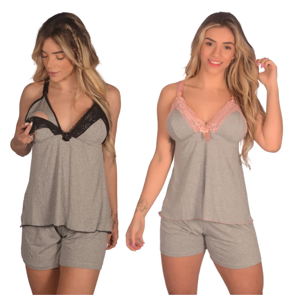 Kit com 2 Baby Doll Pijama Amamentação Luxo de Malha Rendado Maternidade sem Bojo Feminino Pós Parto Renda Conjunto para Amamentar Roupa Dormir Feminina Adulto Verão Confortável Gestante Short Dool Calor Curto