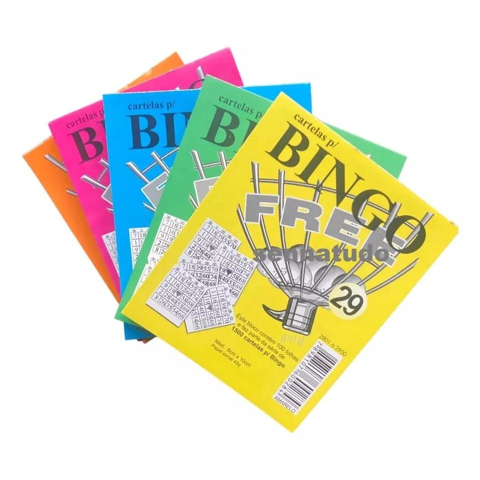 Cartela de Bingo 5 blocos bingo free verde azul rosa amarelo laranja cartelas coloridas