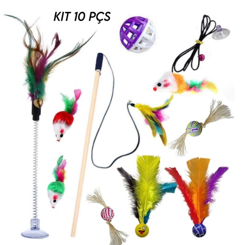 Brinquedo para gato kit combo com 10 unidades divertido cat toys Gato filhote, varinha rato bolinha e outros