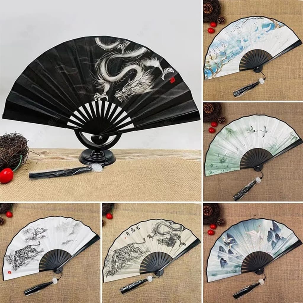 Leque De Tecido Estampado Oriental Dragão Peixe Tigre Águia