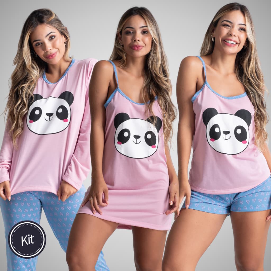Kit Linha Noite Estampado Short Doll Alcinha Camisola Curta Modal Pijama Longo Inverno Moda Feminina 369