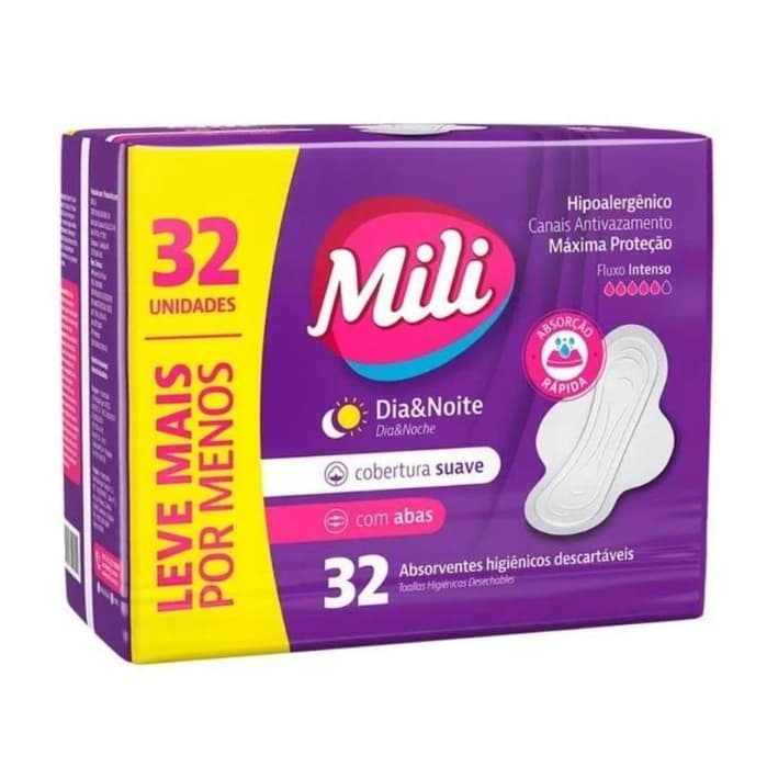 Absorvente Mili Dia e Noite 32 Unidades Suave Absorção Rápida com Abas