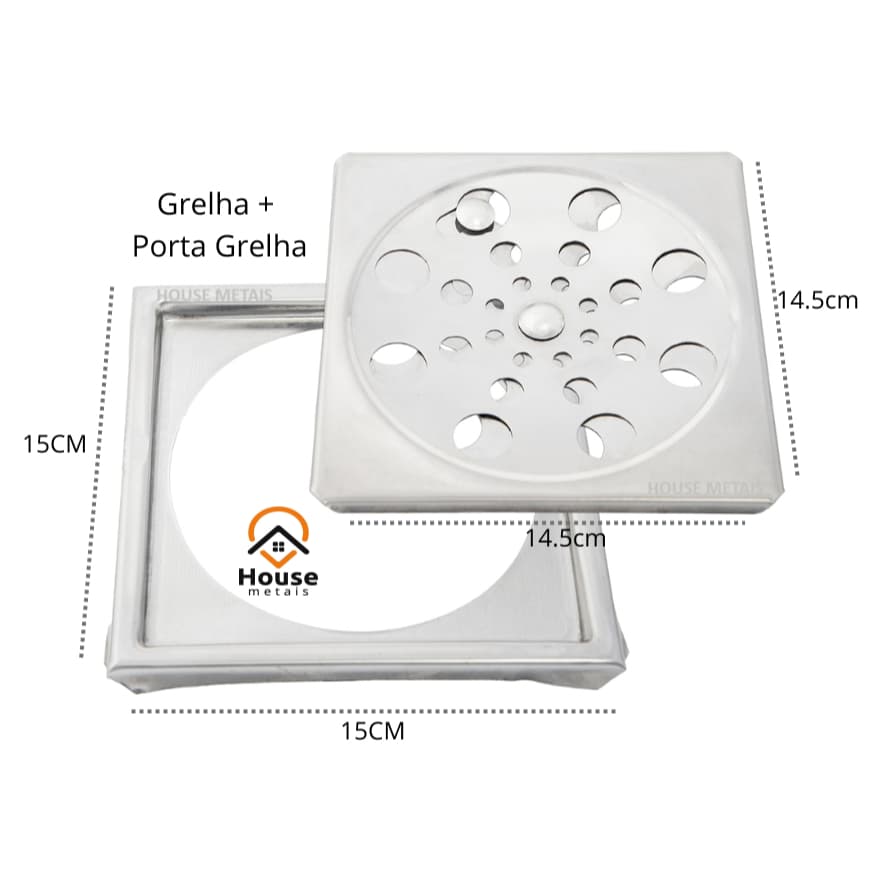 Ralo Grelha Quadrado 15 x 15 Completo com Caixilho Aço Inox Abre e Fecha Banheiro Cozinha Lavabo
