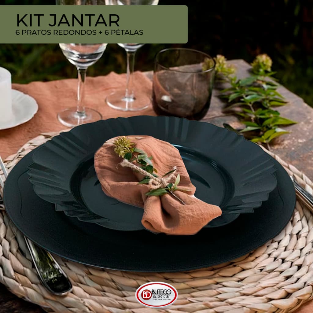 KIT 12 PEÇAS DE JANTAR PRETO 6 PRATOS REDONDO E 6 PRATOS FUNDO PETALA PLASTICO ANIVERSÁRIO