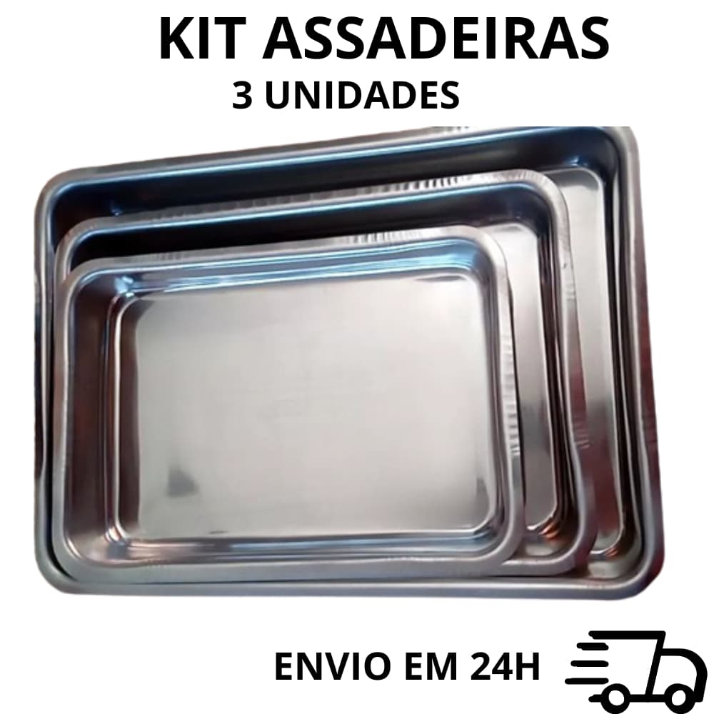 KIT JOGO 3 ASSADEIRAS TABULEIRO PARA BOLO RETANGULAR ALUMINIO