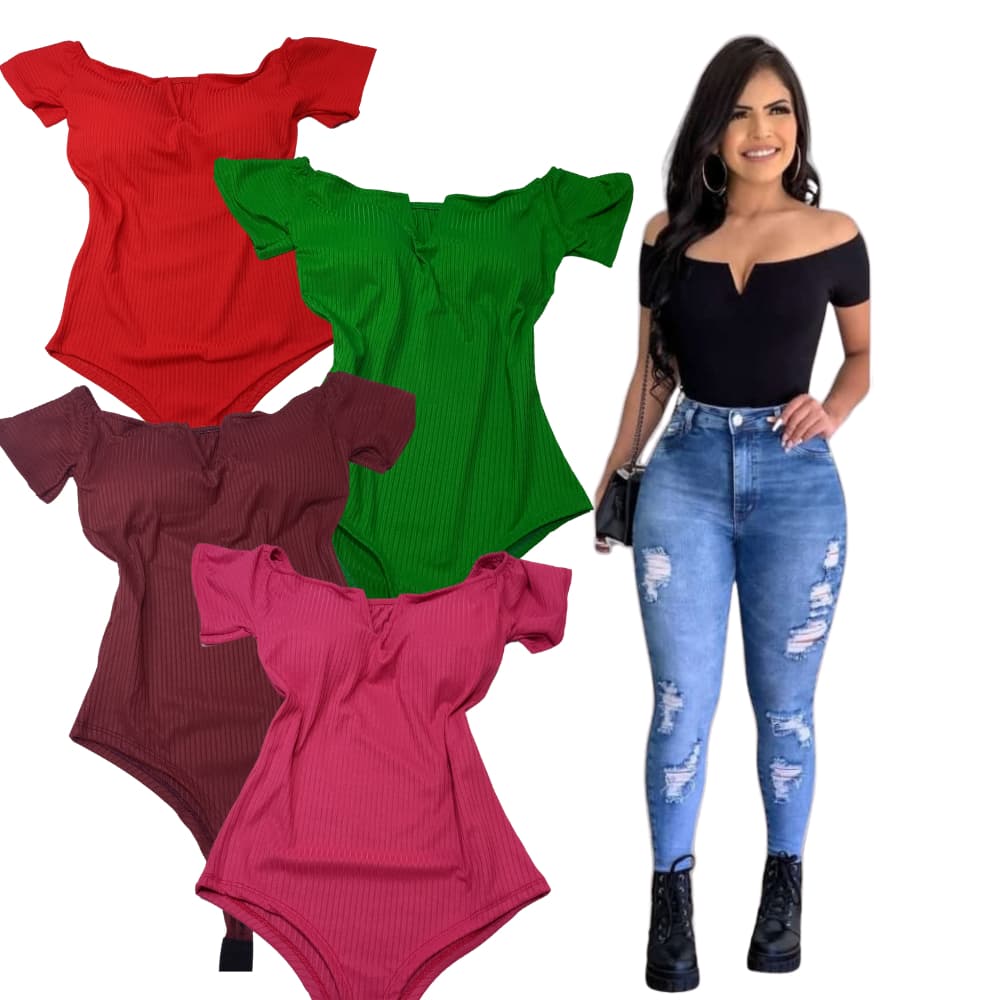 Body Canelado Gola V Manga Bori Bory Blusa Blusinha Basica