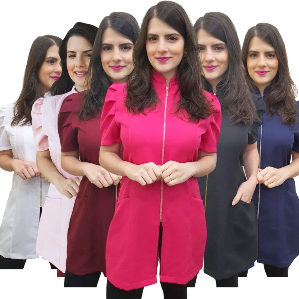 Jaleco Feminino Acinturado com Zíper Dourado e Gola Padre | Jaleco Manga Curta Manga Princesa Bu622