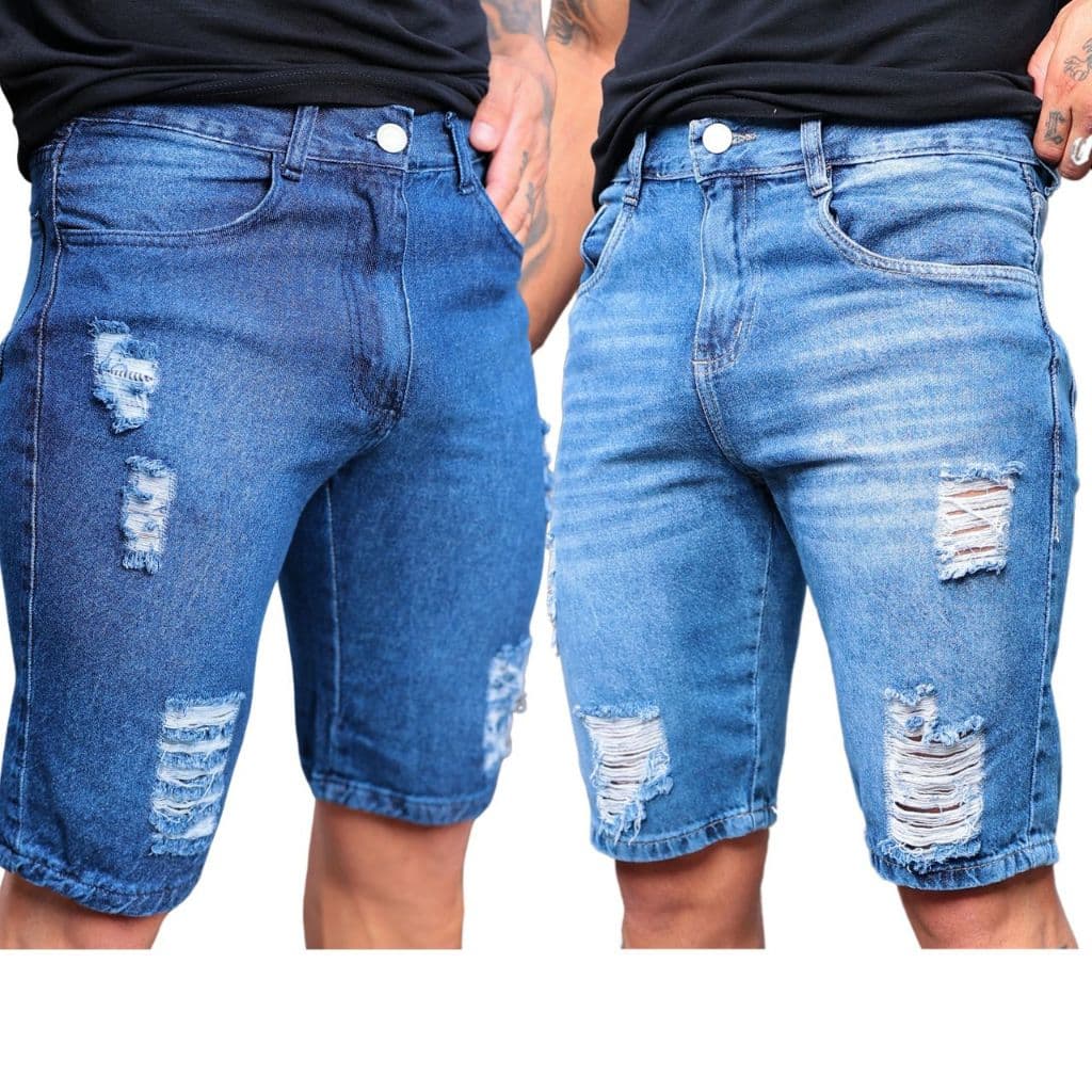Kit Duas Bermudas Masculina Jeans Rasgada Desfiada Destroyed Clara e Escura