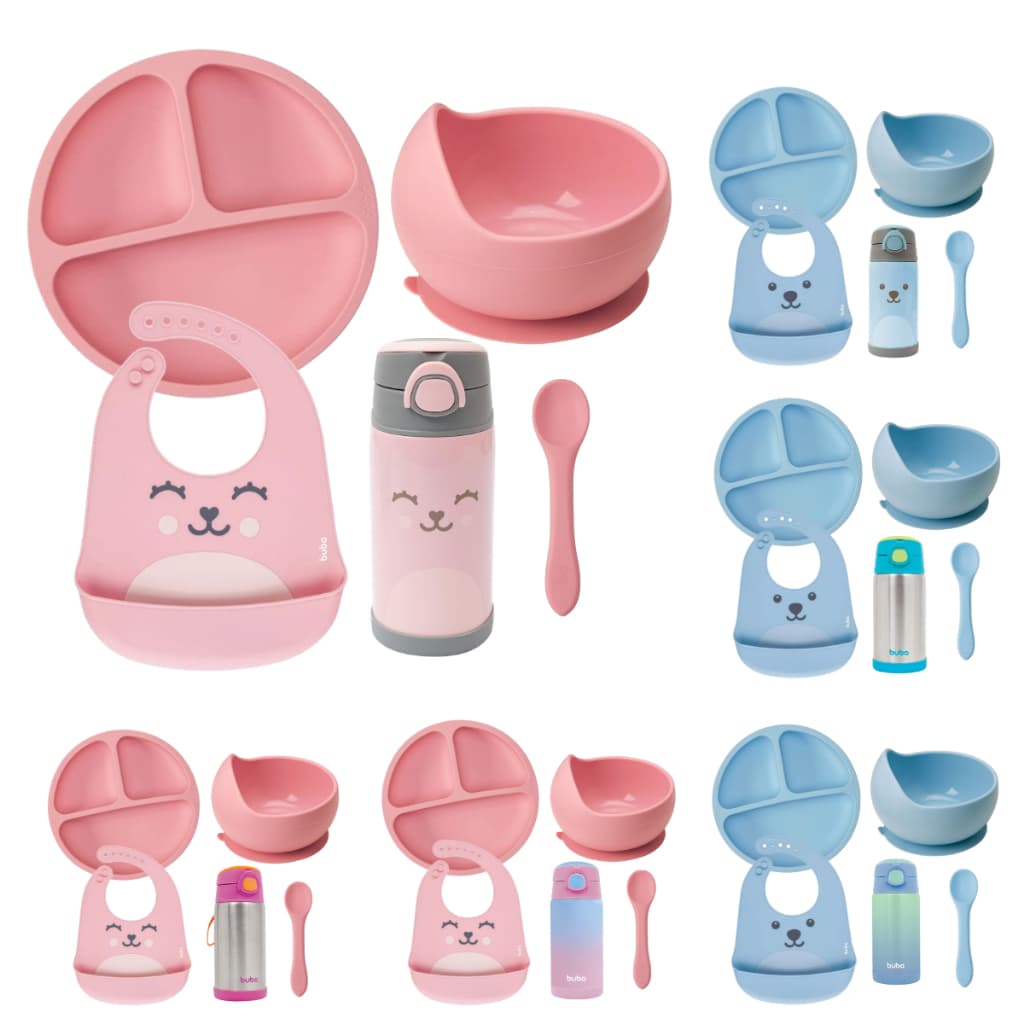 Kit Introdução Alimentar Buba Prato em Silicone com Divisórias Prato Bowl Babador Garrafa Térmica Colher