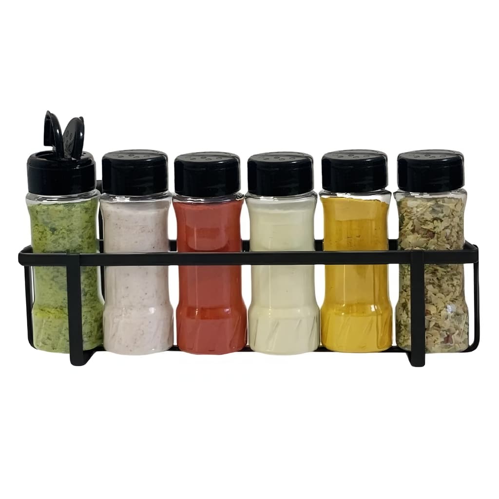 Suporte para Tempero Preto com 6 Potes Plásticos para Condimentos e Tempero + Etiquetas