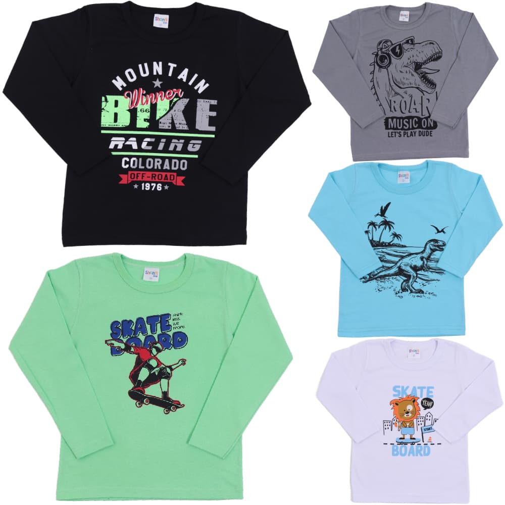 Camiseta infantil Manga Comprida Inverno Menino Camisa Juvenil em Algodão 30/1