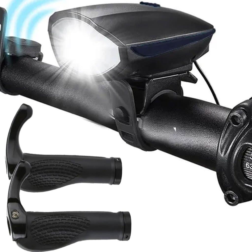 Lanterna Farol Bike Prova D'água Usb Led Buzina Recarregável + Par De Manopla Bike Anatômica Ciclismo