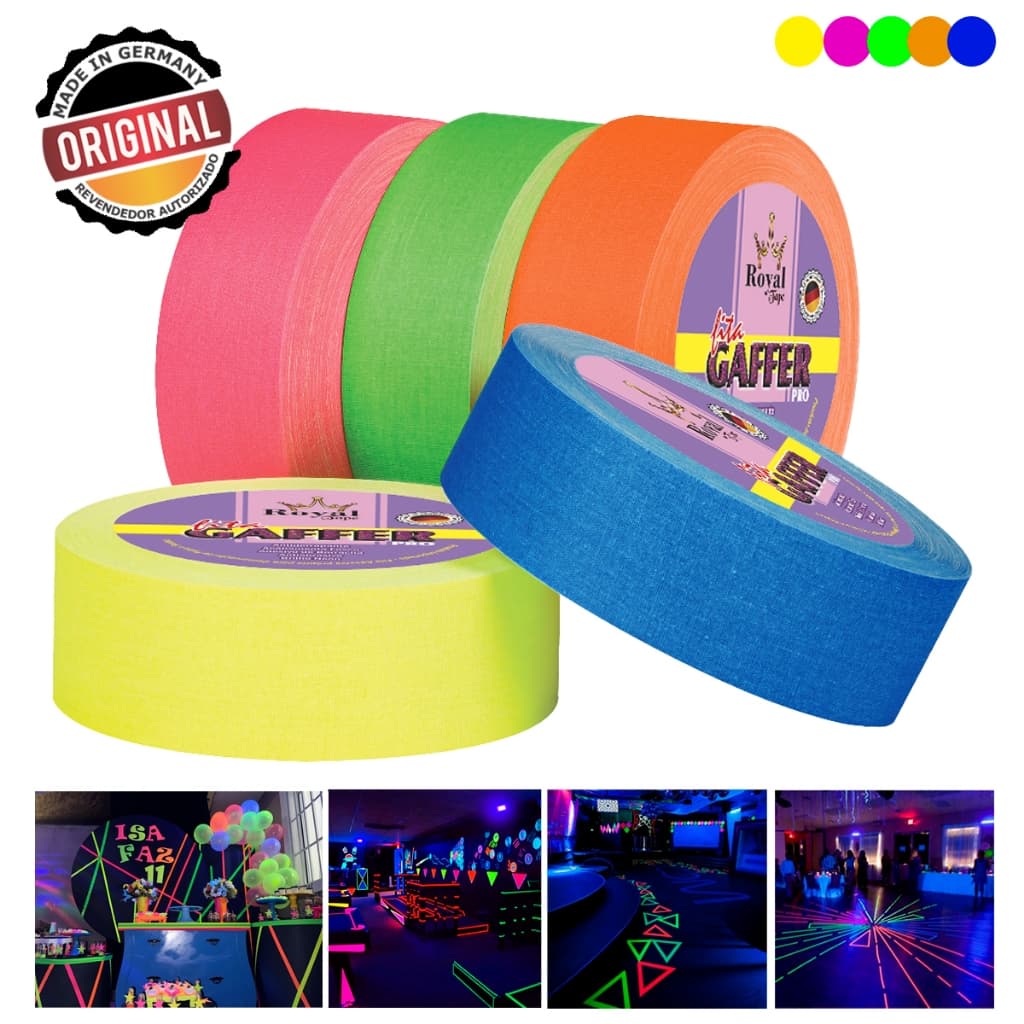 Kit Fita Gaffer Tape Tecido 24mm x 5mts Decoraçao 5 Cores Luz Negra Neon Fluorescente Profissional Festa Balada Demarcaçao de Palco Sinalizaçao Eventos Fosca Aceita Escrita Produto Original UV Reactive Blacklight Prova Dágua Sem Residuo Glow in the Dark