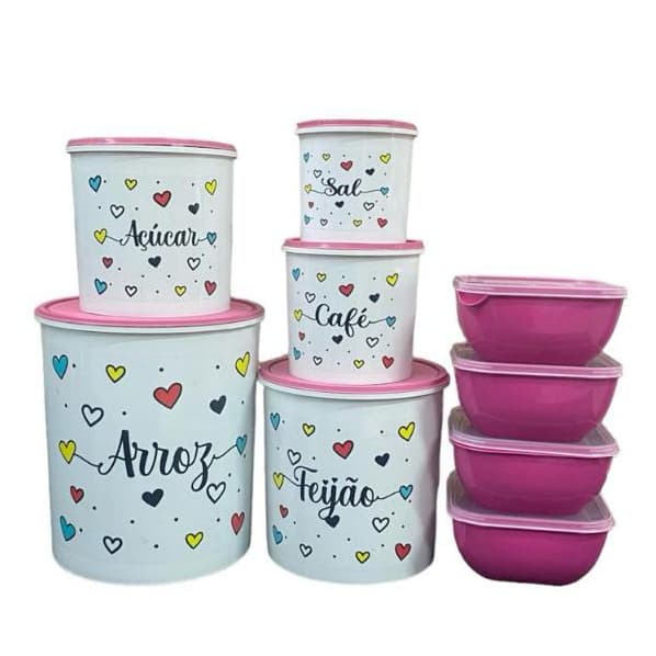 Kit 5 Potes Porta Mantimentos + 4 Potes Quadrados 1L Organizador  Decoração Cozinha