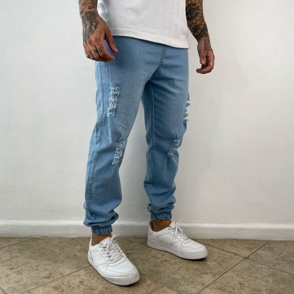 JEANS Calças Jeans Masculina Jogger Com Punho Na Perna Elastico Rasgada