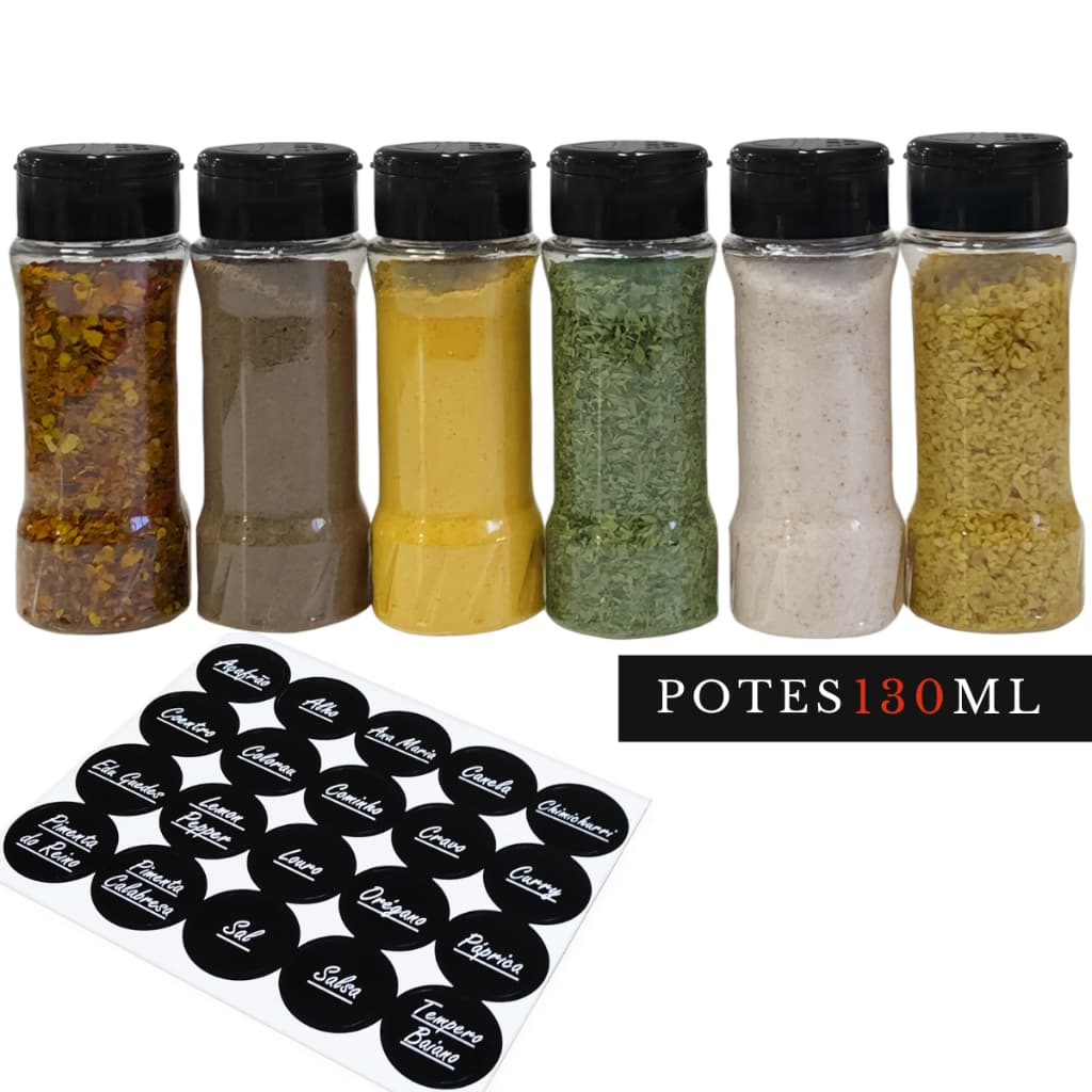 Kit 6 Potes Tempero Condimento 130ml de Plástico com Tampa Dosadora Dupla + Etiquetas