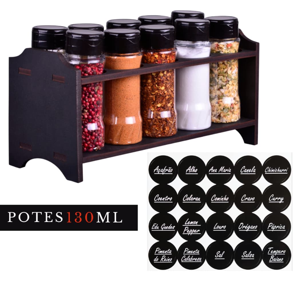1 Suporte Berço Organizador de Tempero Com Potes Plásticos Tampa Dosadora Dupla + Etiqueta