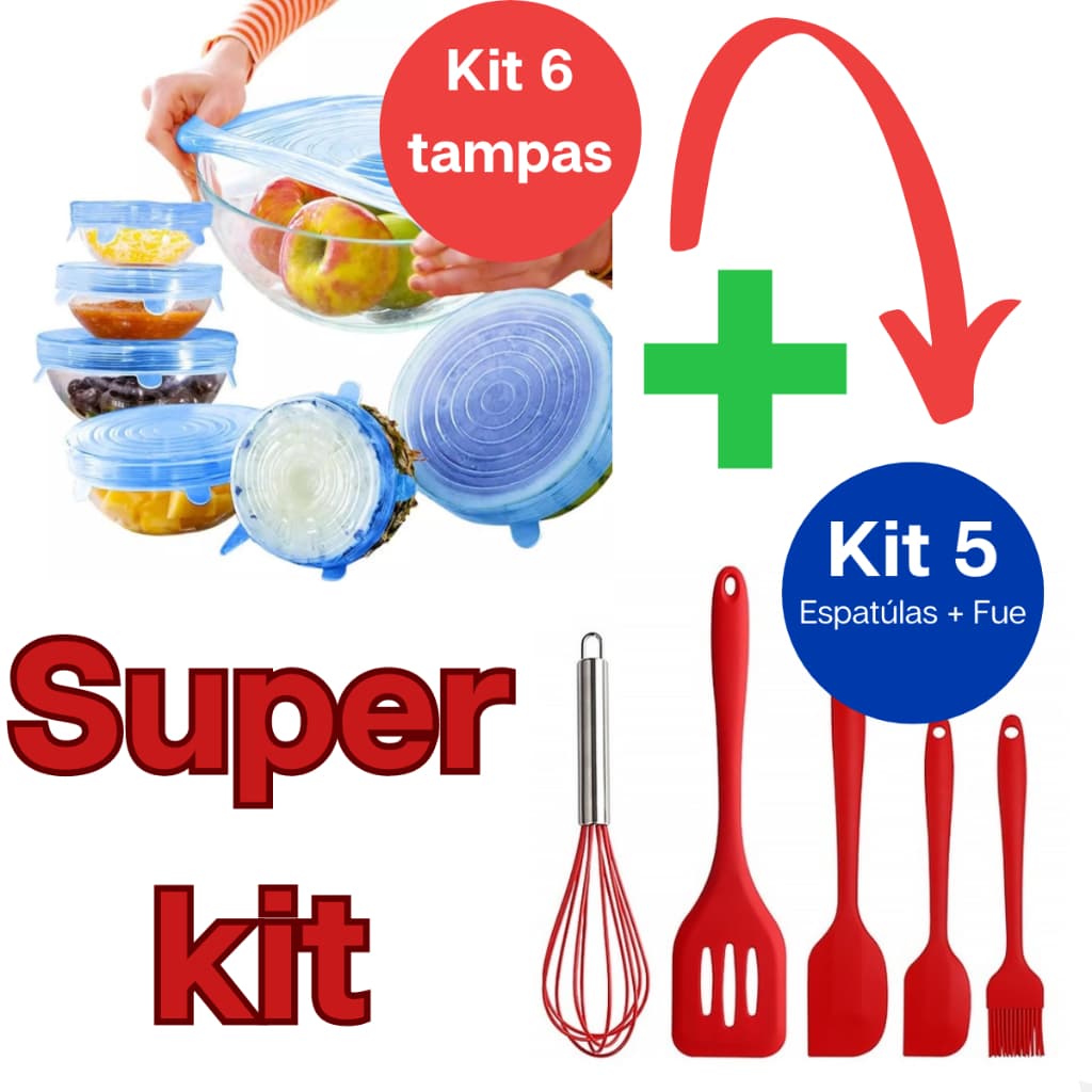 Utensílios De Cozinha Silicone com Fue – Kit c/ 5 Sortidos + Tampas de Silicone Universal Transparente