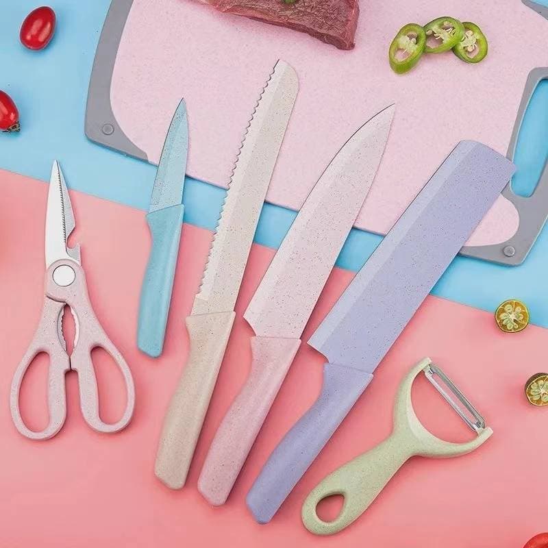 Kit de Conjunto Facas Coloridas Tesoura Descascador Cozinha Gourmet 6 Peças