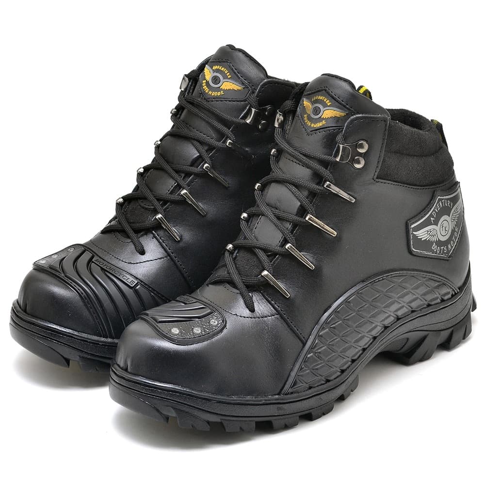 Bota Adventure Masculina Motociclista Couro Legítmo com Protetor Racing Fakcini Preto 436 Resistente e Confortavel