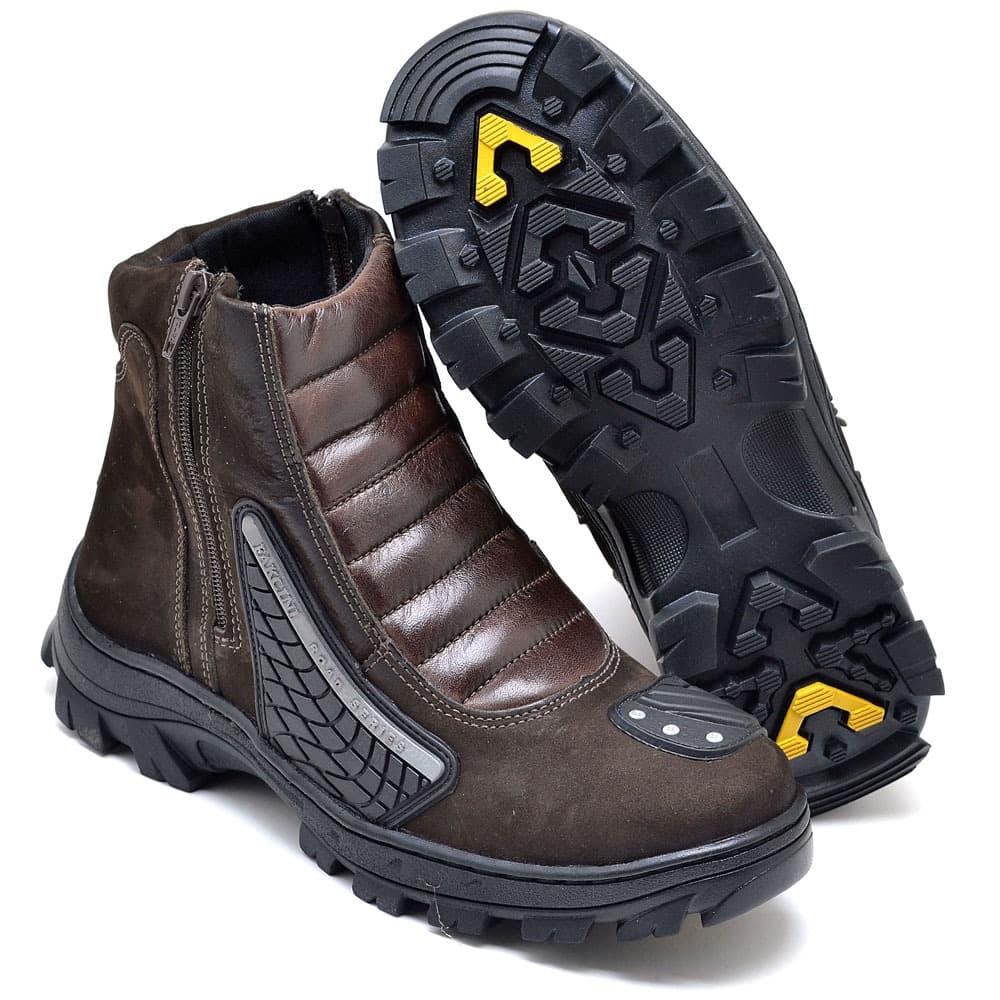 Bota Motociclista com Protetor Couro Legítmo Cafe Biker Racing Fakcini 416 Resistente