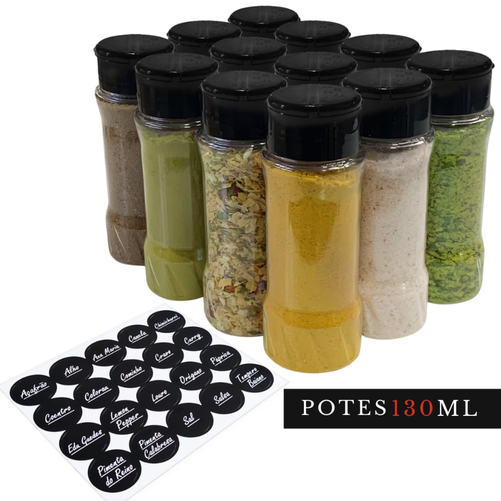 12 Potes para Temperos Condimentos com Etiquetas Potes Plástico