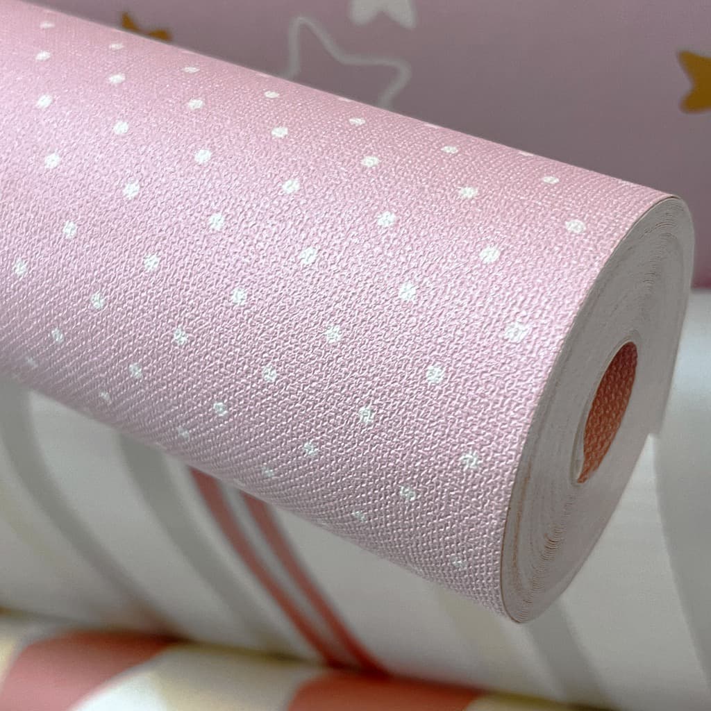 Papel de Parede Vinílico Alto Relevo Rosa com Poá Branco - Rolo 10 metros de comprimento x 53cm de largura - Cola Inclusa - Modelo 27071