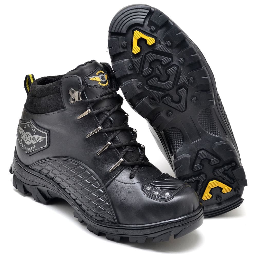 Bota Adventure Motociclista Couro Legítmo com Protetor Racing Fakcini Preto  Resistente e Confortavel