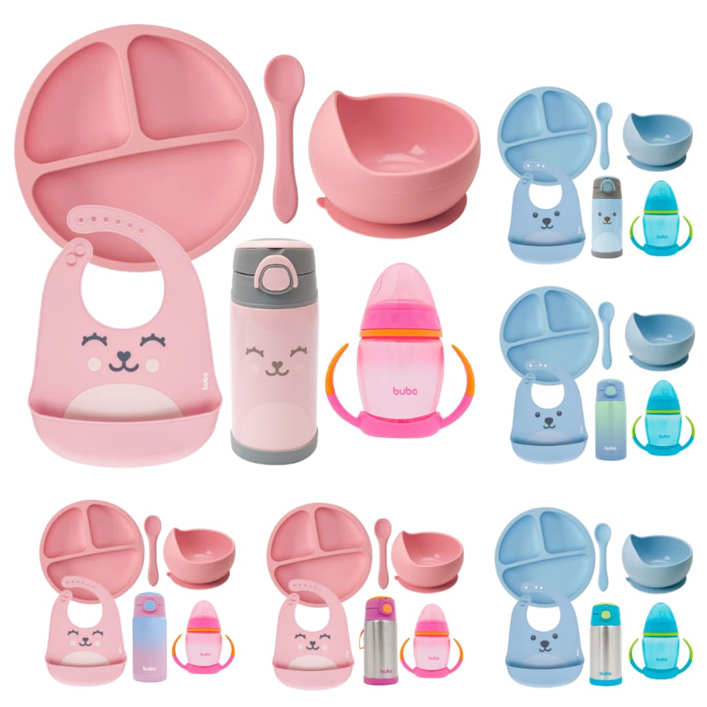 Kit Introdução Alimentar Buba Prato em Silicone com Divisórias e Ventosas Prato Bowl em Silicone com Ventosa Babador em Silicone Pote Garrafa Térmica Copo com Alça e Bico em Silicone Colher Silicone